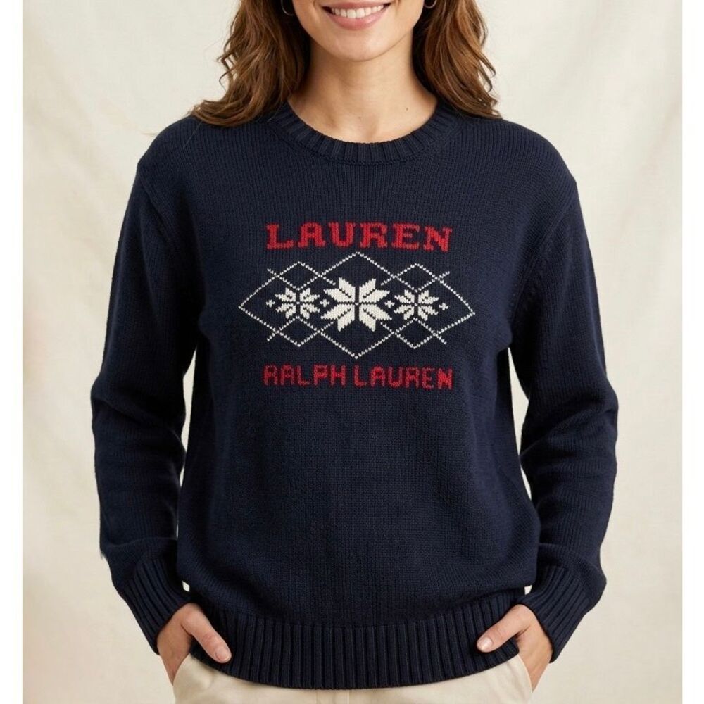 Lauren Ralph Lauren Vintage Sweater Snowflake Fair Isle Y2K Navy Blue Large